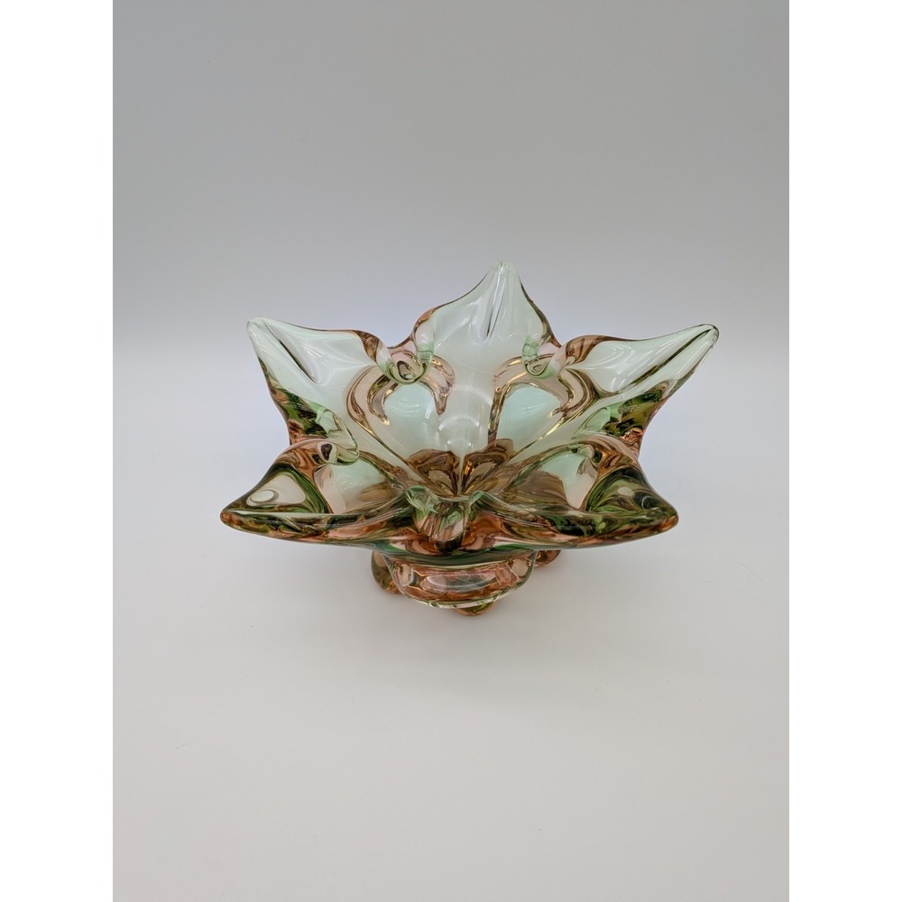 Vintage Mid Century Murano-Style Art Glass Centerpiece Bowl Green Pink 9" Heavy